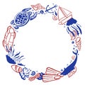 Round frame template with sealife and beach objects. Vector outline hand drawn illustration red and blue Royalty Free Stock Photo